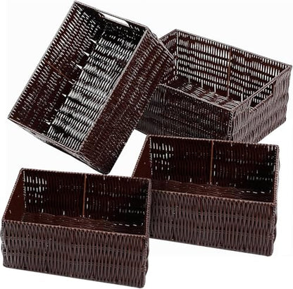 Elevon Plastic Wicker Basket Set of 4, Handmade Storage Basket for Organizing with Handles, Storage Bins for Home Kitchen Countertop, Shelf Organizer, Waterproof, Coffee
