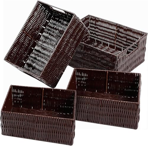 Elevon Plastic Wicker Basket Set of 4, Handmade Storage Basket for Organizing with Handles, Storage Bins for Home Kitchen Countertop, Shelf Organizer, Waterproof, Coffee