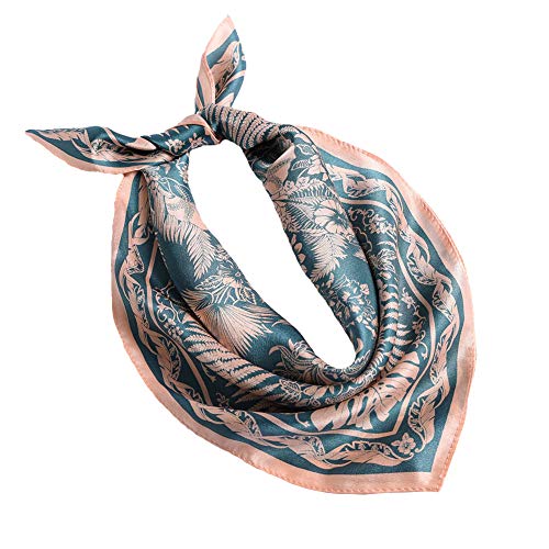 ANDANTINO 100% Pure Mulberry Silk Scarf 35" Large Square Lightweight Headscarf –Women’s Hair Wraps-With Gift Packed - color: Blue & Pink Leaves