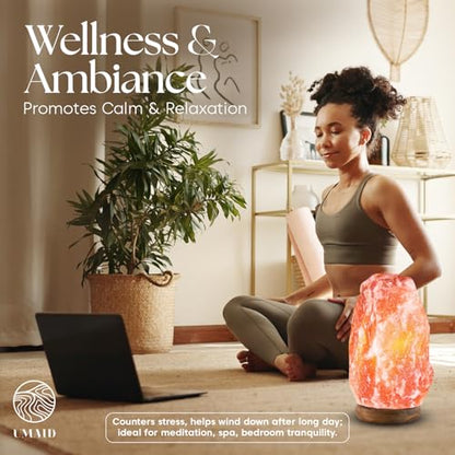 UMAID Himalayan Salt Lamp 8–10"(7–11 lb) Dimmable Pink Rock Salt Lamp with Wooden Base & Night Light Bulb, Spa Decor for Meditation Room, Massage Stones Ambiance, Desk & Bedroom,Gifts for Men & Women - style: Modern Salt Lamp