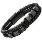 COOLSTEELANDBEYOND Mens Double-Row Braided Leather Bracelet Bangle Wristband with Black Stainless Steel Ornaments - color: A-Black