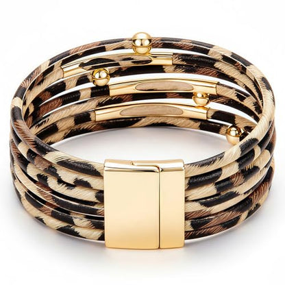Fesciory Leopard Bracelet for Women, Boho Leather Wrap Multi-Layer Pearl Crystal Bracelet Bangle Jewelry - style: Brown Leopard