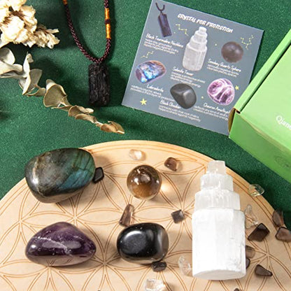 Protection Crystals and Healing Stones, Black Tourmaline Necklace, Selenite Tower,Smokey Quartz Sphere,Black Obsidian Healing Crystals Set for Meditation Accessories,Witchcraft Supplies - color: Protection