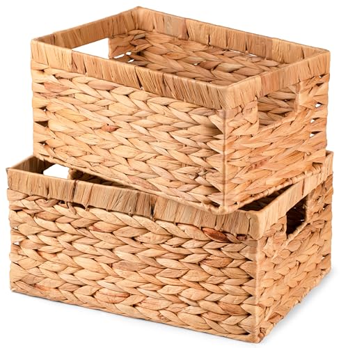 Handwoven Wicker Storage Basket with Built-In Handles - Decorative Rectangle Organizer Bin for Shelves, Closet, Bathroom, Kitchen & Living Room - Durable Storage Solution (2-Pack) - size: Medium & Large 2-Pack