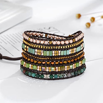 Plumiss Women Boho Handmade Natural Stone Crystal Leather Bead Wrap Bracelets Collection - style: Green Stylish 5W