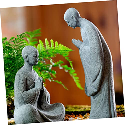 GALPADA 2pcs Stone Monk Statue Zen Garden Figurines for Indoor and Outdoor Decor Stone Material Charming Monk Sculptures for Home and Aquarium Decoration