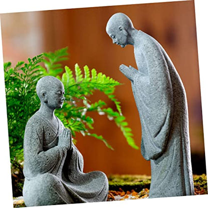 GALPADA 2pcs Stone Monk Statue Zen Garden Figurines for Indoor and Outdoor Decor Stone Material Charming Monk Sculptures for Home and Aquarium Decoration