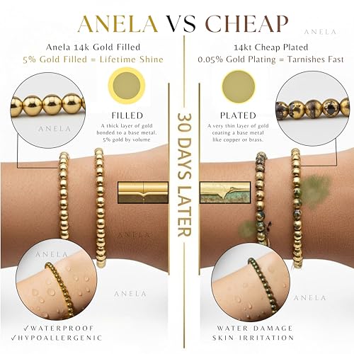 Anela 14k Gold Filled Beaded Bracelet for Women | 4mm Gold Beaded Bracelet | Stackable Gold Stretch Bracelets, Waterproof, Non Tarnish Dainty Gold Bracelet for Women Gifts, Handmade in USA