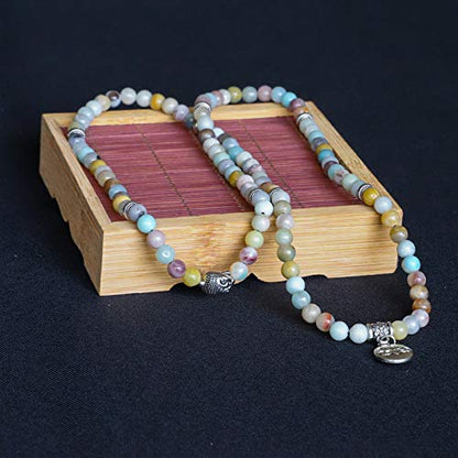 Bivei 108 Mala Beads Necklace Long Beaded Wrap Bracelets Genuine Gemstone Mala Prayer Beads Lotus Buddha Charm Yoga Meditation Necklace - color: Amazonite-Lotus OM-Buddha