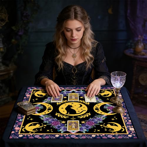 Tarot Altar Cloth Cat and Moon Phases Print Card Table Tablecloth Pueple Flowers Tablecloth with Tarot Bag for Reading Rituals Crystals Spiritual Divination Witchcraft Supplies - color: Cat and Moon Phases