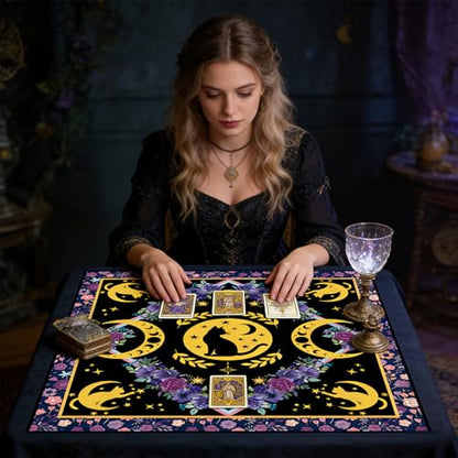 Tarot Altar Cloth Cat and Moon Phases Print Card Table Tablecloth Pueple Flowers Tablecloth with Tarot Bag for Reading Rituals Crystals Spiritual Divination Witchcraft Supplies - color: Cat and Moon Phases