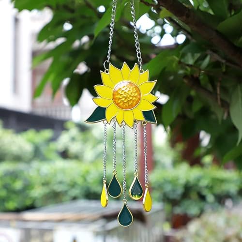 Sunflower Wind Chimes Ornaments, Stained Glass Dripping Sunflower Pendant Window Hanging Panel Decoration with Chain, Flower Wind Chimes Art Decorations for Garden Patio Decor