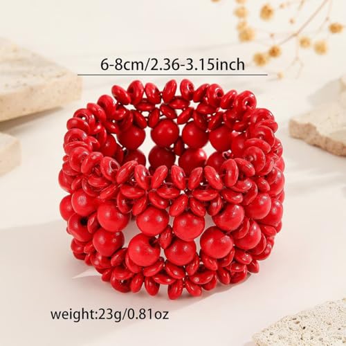 Zian Bohemian Wooden Beaded Bracelets for Women Handmade Colorful Wide Chunky Elastic Stretch Bracelets Boho Wristband Summer Beach Jewelry - color: Red