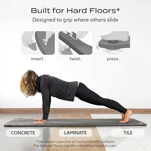 PT Pro Suction Cup Yoga Mat – 24x72 Non-Slip Exercise Mat with 4 Screw-On Suction Cups, 1/2in Thick Cushioned Workout Mat with Carry Strap for Tile, Laminate & Concrete – (Patent Pending) - color: Gray