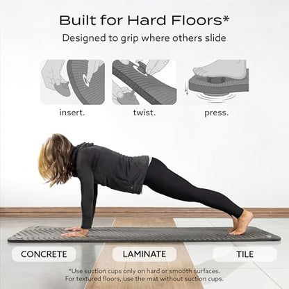 PT Pro Suction Cup Yoga Mat – 24x72 Non-Slip Exercise Mat with 4 Screw-On Suction Cups, 1/2in Thick Cushioned Workout Mat with Carry Strap for Tile, Laminate & Concrete – (Patent Pending) - color: Gray