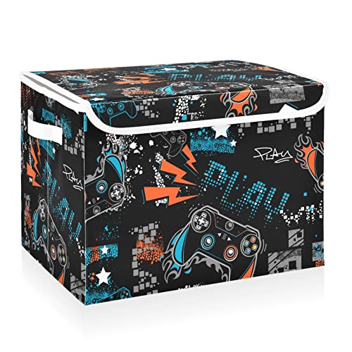 CaTaKu Large Fabric Storage Bins With Lids, Cute Gamer Black Storage Boxes With Handles for Organizing Clothes, Collapsible Storage Cube Bins Baskets for Shelves - color: Gamer Black