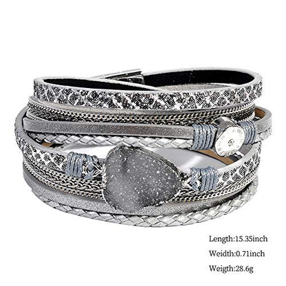 Artilady Leather Wrap Bracelets for Women - Pearl Bracelets Handmade Clasp Bangle Bracelet with Beads Jewelry Gift for Women and Mother - style: Grey with druzy