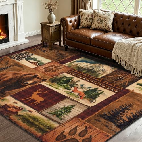 ASPMIZ 3x5 Rustic Area Rugs Non-Slip Washable — Buffalo Plaid Country Log Cabin Bear Deer Fox Design, Vintage Soft Faux Wool Throw Rug for Living Room Bedroom, Low Pile - color: Brown, size: 3' X 5' (Rectangular)