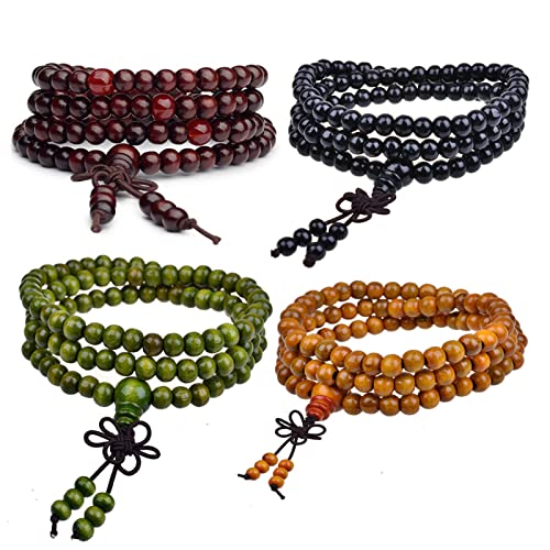 108 Mala Wooden Beads Bracelet Necklace Elastic Healing Wood Sandalwood Seed Buddhist Bracelet for Women Men Buddha Prayer Meditation Jewelry - color: E 4pcs 6mm brown