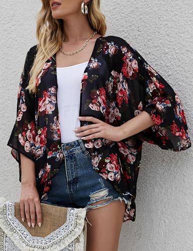 Chunoy Women Floral Beach Wear Cover Up Chiffon Kimono Cardigan Open Front Blouse Top - color: D2007 Black, size: X-Large