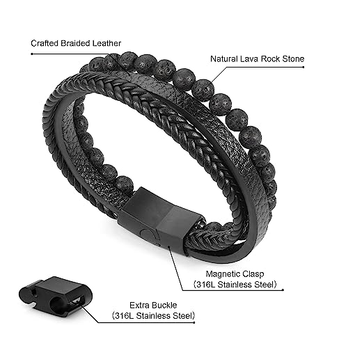 Leather Bead Bracelets for Men, Natural Tiger Eye Lava Rock Stone Bead Magnetic Clasp Adjustable Leather Bracelets Stress Relief Mens Anxiety Bracelet Mens Jewelry Gifts - style: Black Leather-Lava Rock Bead