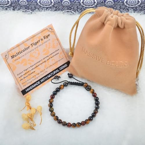 MASSIVE BEADS Handmade Yoga Natural Stone Crystal Healing Power Energy Gifts for Unisex Adult Bracelet Macrame Adjustable - color: 3-Tiger's Eye (Vitality and Abundance), size: 6mm