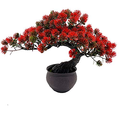 Artificial Plants Artificial Bonsai Juniper Tree Potted Faux Japanese Pine Bonsai Simulation Zen Garden Fake Plant Artificial Bonsai Tree for Home Office Showcase Indoor Décor Desktop Display - color: Red