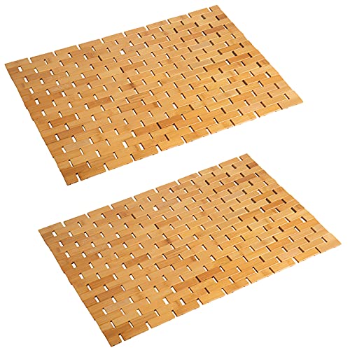 Bambo Bath Mat Bathroom Rugs Floor Wood Shower Bathtub Waterproof Non Slip Natural Accessories 16x24 Inch Easy to Clean, 2 pcs - color: Natural, size: 16x 24 Inch-2 pcs