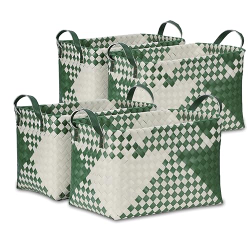 BROWNLILY Handwoven Clothes Basket Laundry Hampers Large Wicker Storage Baskets for Shelves Blankets Closet Storage Bins Car Bedroom Bathroom Organizers and Storage Bath (Pack of 4, Green&White) - color: Green & White*4