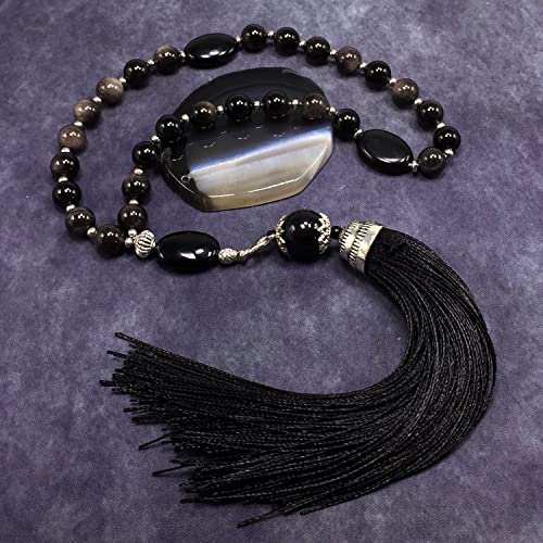 Mala Prayer Beads - Mala Necklace - Tibetan Mala Prayer Beads Meditation Beads Yoga Necklace - color: (POCKET MALA)-Silver Sheen Obsidian Natural Stone -8 mm- 27 Beads