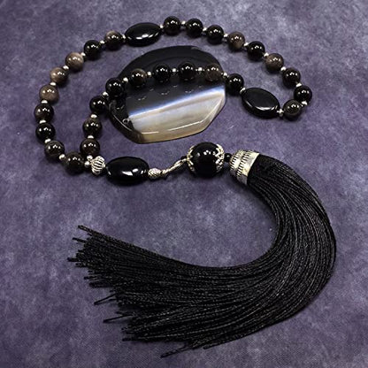 Mala Prayer Beads - Mala Necklace - Tibetan Mala Prayer Beads Meditation Beads Yoga Necklace - color: (POCKET MALA)-Silver Sheen Obsidian Natural Stone -8 mm- 27 Beads
