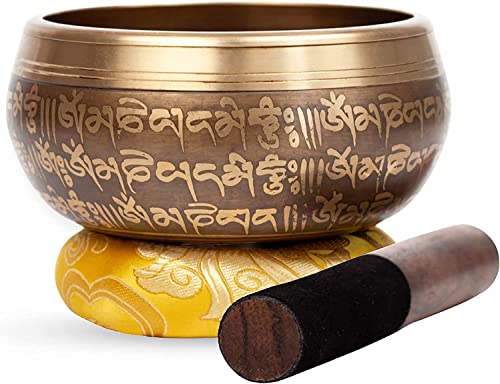Large Tibetan Singing bowl Set - Bronze Style - Easy To Play - 5" Sound Yoga Bowl Mantra Design Mindfulness Meditation Healing Sound Gift By Himalayan Bazaar