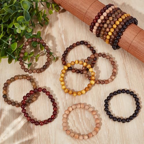 16 Pcs 8 Styles Wooden Beaded Bracelet, Adjustable Elastic Bracelets Natural Sandalwood Round Beaded Stretch Bracelet Friendship Bracelets for Men Women Gifts