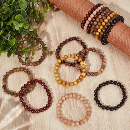16 Pcs 8 Styles Wooden Beaded Bracelet, Adjustable Elastic Bracelets Natural Sandalwood Round Beaded Stretch Bracelet Friendship Bracelets for Men Women Gifts