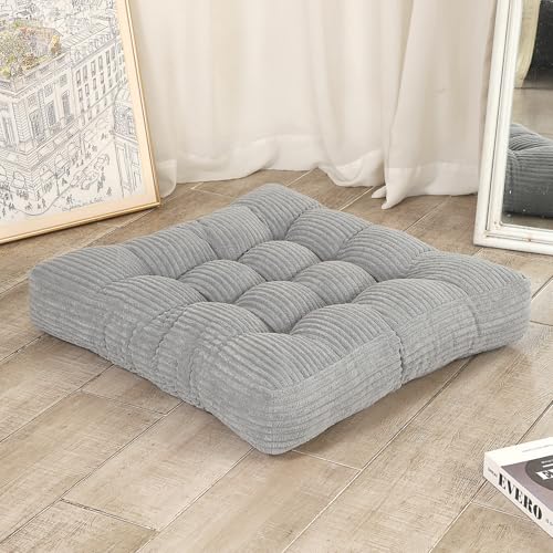 LOVMOC 22 inches Meditation Pillow, Square Large Floor Cushions for Adults, Thick Corduroy Floor Pillows for Sitting, Yoga, Living Room, Sofa, Tatami, LightGrey