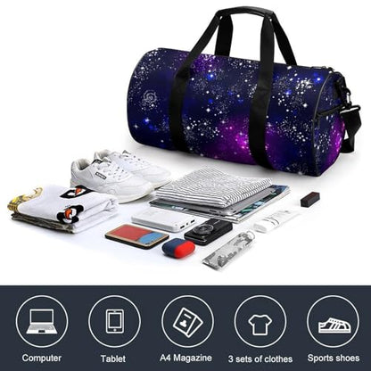 Space Galaxy Constellation Zodiac Star Purple Blue Cylindrical Portable Fitness Bag, Large Capacity Handbag - color: Space Galaxy constellation zodiac star purple