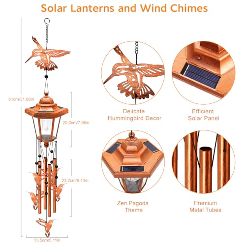 Hummingbird Solar Wind Chimes for Outside, Birthday Gifts for Mom Women Grandma Mother's Day Memorial, 34-Inch Windchimes with Wind Spinner, Outdoor Hanging Solar Lights Waterproof Yard Garden Decor