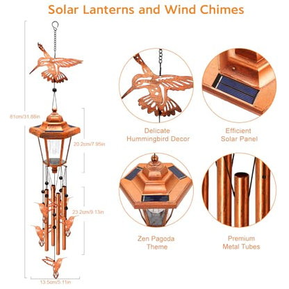 Hummingbird Solar Wind Chimes for Outside, Birthday Gifts for Mom Women Grandma Mother's Day Memorial, 34-Inch Windchimes with Wind Spinner, Outdoor Hanging Solar Lights Waterproof Yard Garden Decor