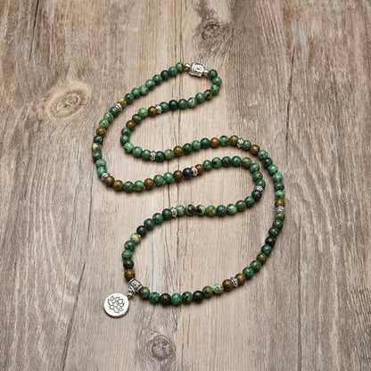 6mm 108 Mala Beads Bracelet, Yoga Zen Necklace with Buddha and Lotus Charm for Prayer - style: African Turquoise