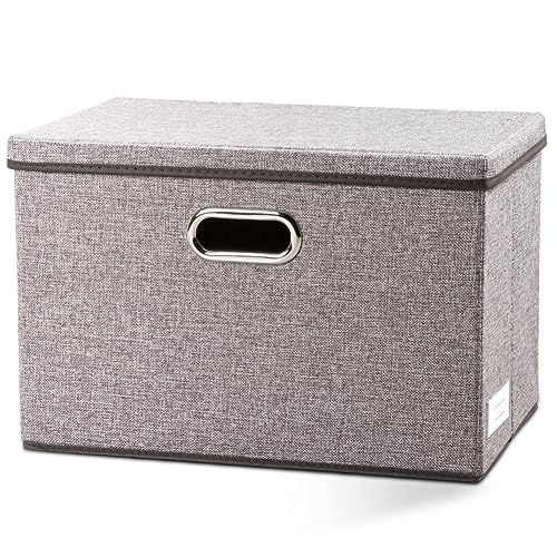 PRANDOM Large Foldable Storage Bin with Lid [1-Pack] Linen Fabric Decorative Storage Box Organizer Containers Basket Cube with Handles Divider for Bedroom Closet Office Living Room (17.7x11.8x11.8) - color: Gray, size: L(1-Pack)