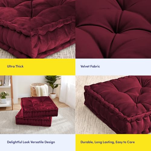 Floor Pillow Large Square Tufted Decorative Cushion 20" x 20" Faux Velvet Fabric Ultra Thick Fill for Kids and Adults, 1 Pack, Burgundy Red