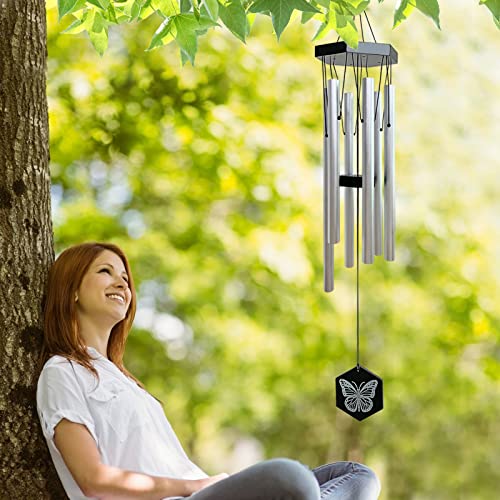 FONMY Wind Chimes Outdoor w/Butterfly Sign Memorial Windchimes Great Wind Chime Gifts Soothing Melodic Tones & Bamboo/Aluminum Chime for Garden Home or Yard-31 Length Silver Chimes Hanging Decor.