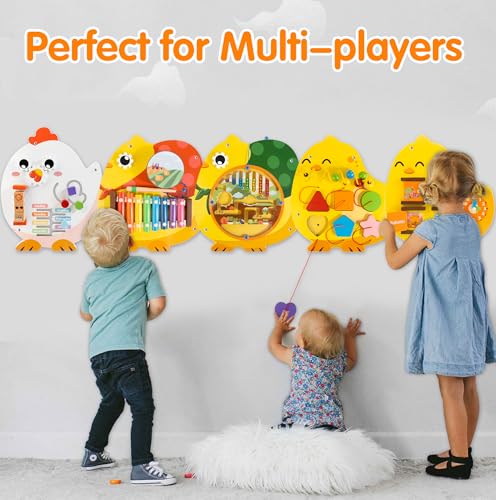Chick Squad Activity Wall Busy Board Panels | 11-in-1 Wooden Sensory Wall Panel for Kids, Montessori Learning Activity Center | Perfect for Toddler Playroom Daycare Nursery Classroom Dentist Office - style: Chick Squad