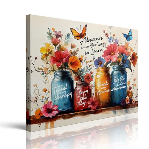 Colorful Flower Canvas Wall Art with Butterflies and Inspirational Quotes Wall Decor for Living Room Bedroom Bathroom Motivational Framed Artwork Positive Quotes for Home Decor 16x24 Inches - color: Floral (Wrapped Canvas), size: 24"L x 16"W