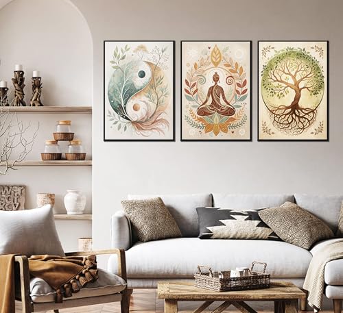 3 Pcs Tree of Life Canvas Wall Art Lotus Zen Painting Pictures Wall Decor Yin Yang Taichi Spiritual Prints Posters for Living Room Yoga Room Hotel Bedroom Home Decor 16x24in Unframed - size: 24L"×16W" poster