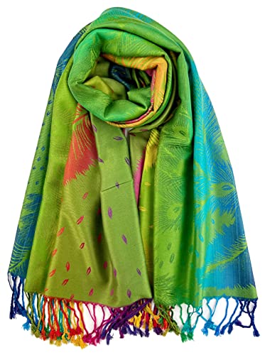 Plum Feathers Tapestry Ethnic Paisley Pattern Pashmina Shawl Scarf, Womens Pashmina Shawl Wrap with Fringes - color: Lime Peacock Rainbow