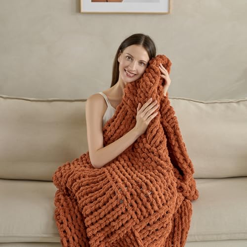 Soft Knitted Throw Blanket - 50x60 Inch Cozy & Lightweight All-Season Blanket, Wrinkle-Resistant Polyester for Couch, Bed, Sofa, Reading Nook (Orange) - color: Orange