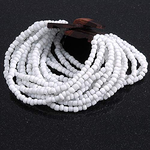 Avalaya White Glass Bead Multistrand Flex Bracelet With Wooden Closure - 19cm L