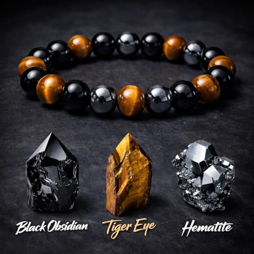 WFJ Black Obsidian Hematite Triple Protection Bracelets Set - Tiger Eye Beaded Natural Stone Bracelet for Men Women Gemstone (10MM) - color: Triple Protection Set of 2 10mm