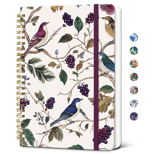 Taja Spiral Journal Notebook for Women, Pretty Hardcover Lined Notebook for Work & Note Taking, Aesthetic Cute Journal for Writing, 140 Pages, 5.8"x8.3", Vineyard Birds - color: X-Vineyard Birds
